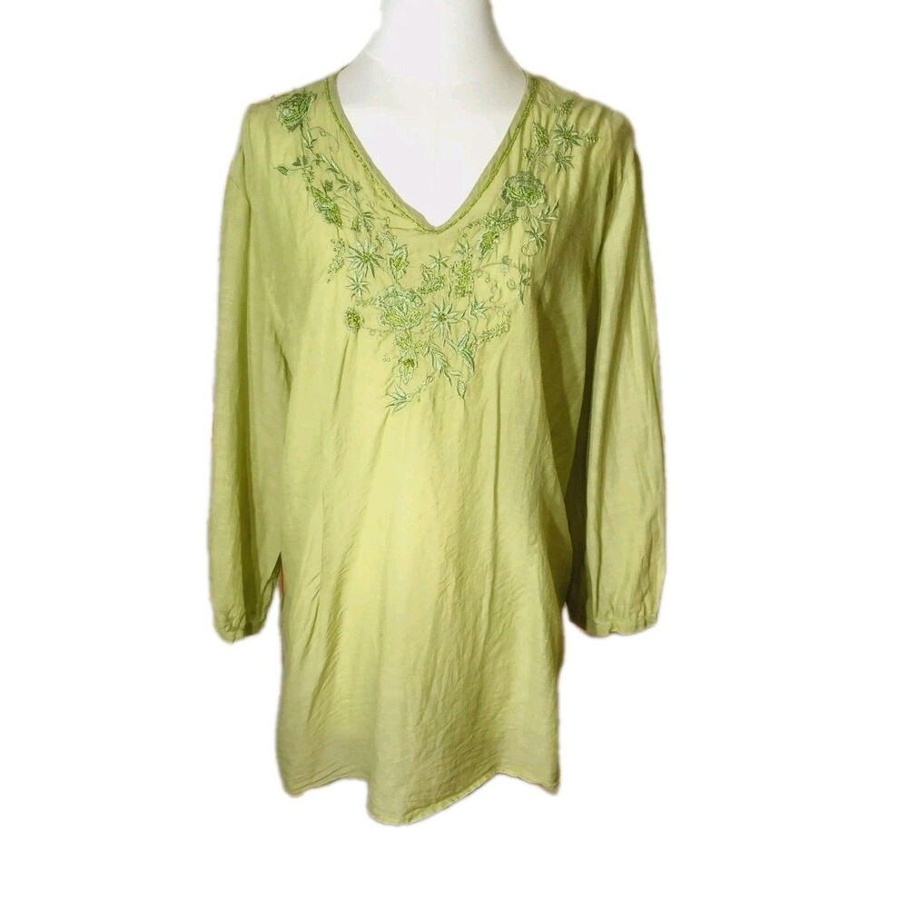 Chico's Women's Green Silk Blend Tunic Top With Embroidery And Sequin Accents